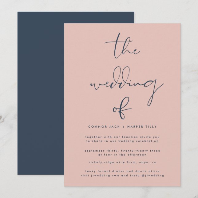 Modern  Navy Blue Dusty Rose Wedding Invitation (Front/Back)