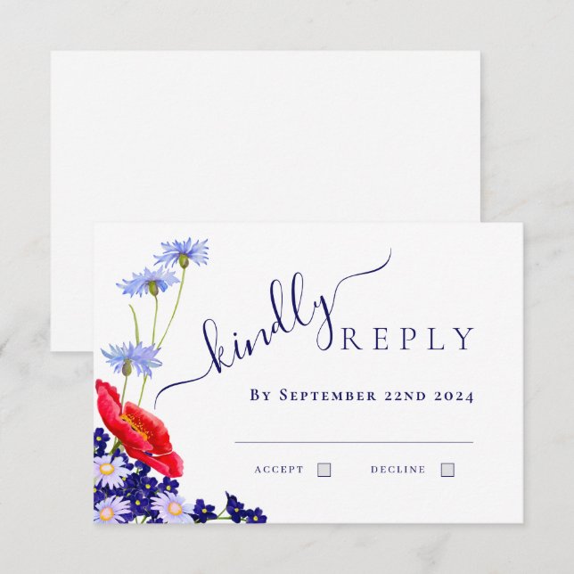 Modern Navy Blue Elegant Summer Floral Wedding RSVP Card (Front/Back)