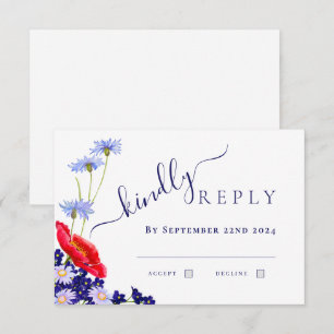 Modern Navy Blue Elegant Summer Floral Wedding RSVP Card