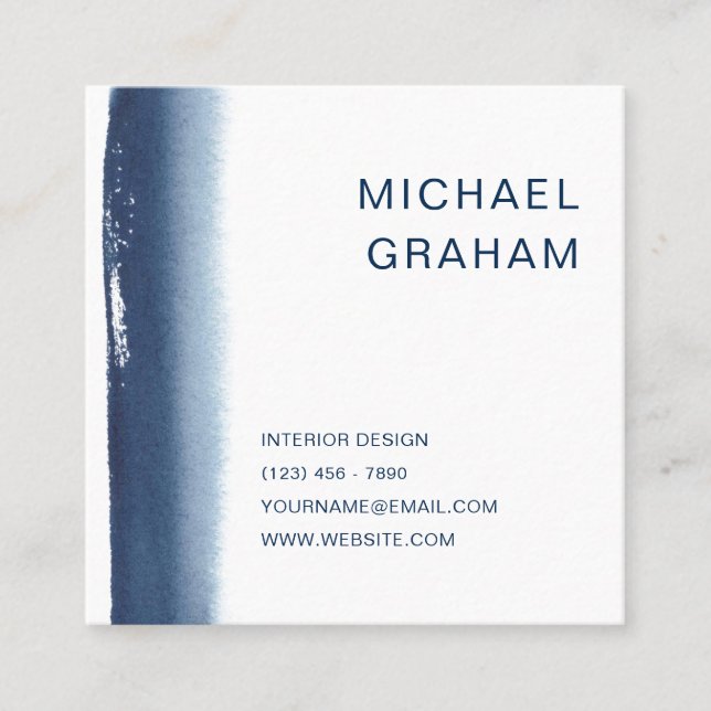 Modern Navy Blue Elegant Watercolor Square Business Card (Front)