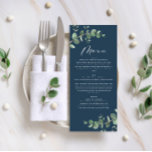 Modern navy blue eucalyptus elegant wedding menu<br><div class="desc">Beautiful delicate eucalyptus foliage wedding menu design. Modern elegant on trend sage green,  black,  navy blue and white stylish contemporary rustic collection. Ideal for spring,  summer,  fall,  autumn or winter weddings.</div>