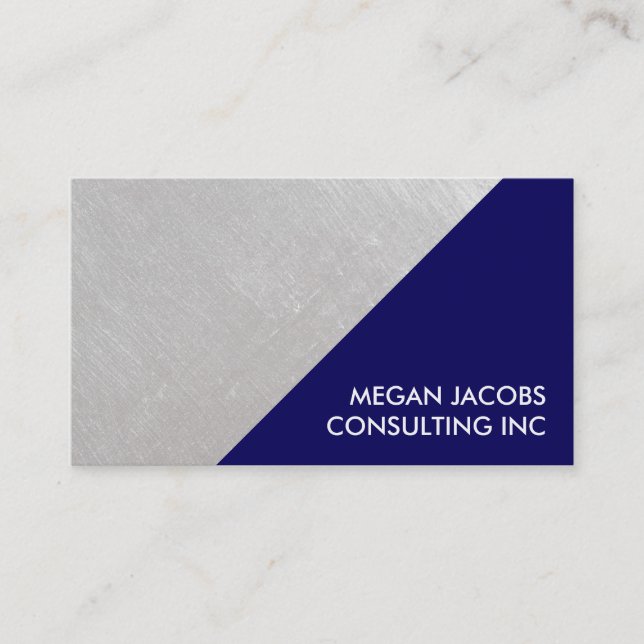 Modern Navy Blue Faux Brushed Silver Geometric Business Card (Front)