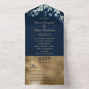 Modern Navy Blue & Faux Gold Foliage Wedding All In One Invitation