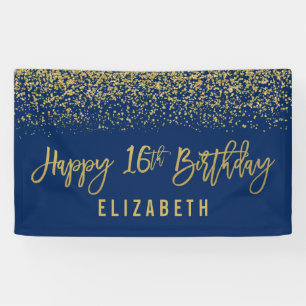Modern Navy Blue Faux Gold Glitter 16th Birthday Banner
