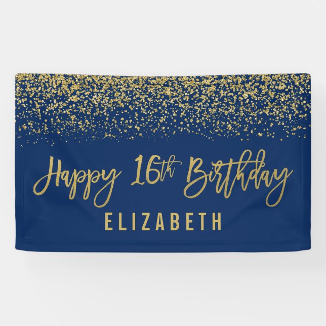 Modern Navy Blue Faux Gold Glitter 16th Birthday Banner (Horizontal)