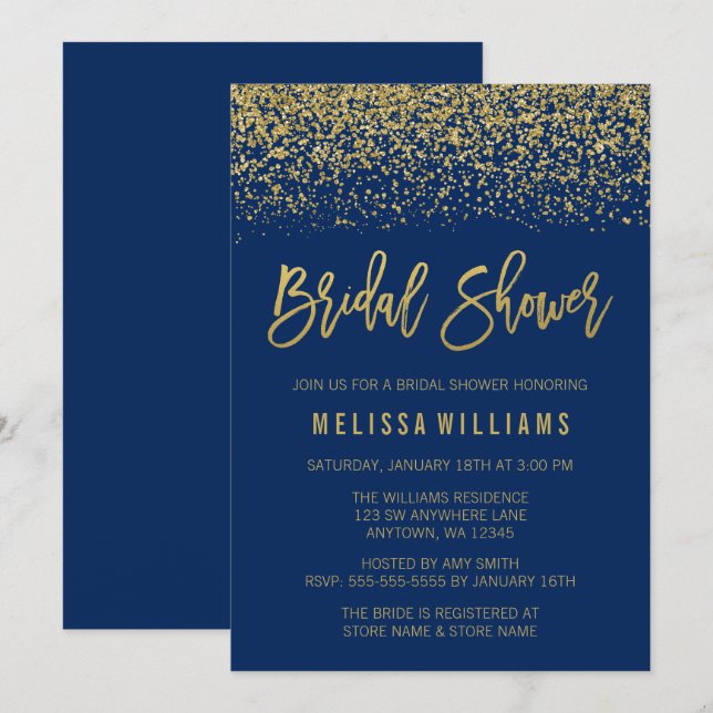 Modern Navy Blue Faux Gold Glitter Bridal Shower Invitation (Front/Back)