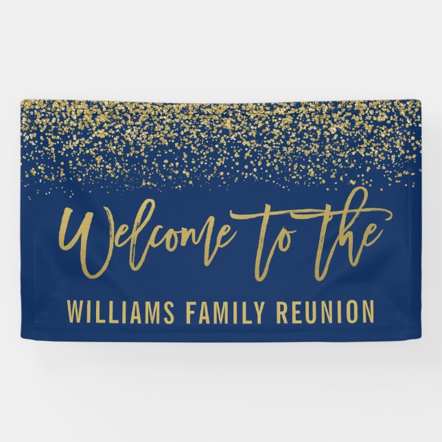 Modern Navy Blue Faux Gold Glitter Reunion Banner (Horizontal)