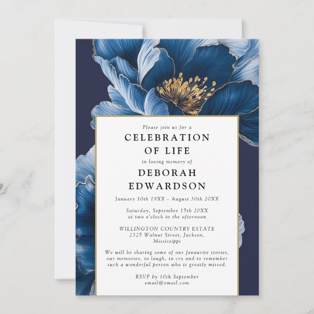 Modern Navy Blue Floral Celebration Of Life Invitation (Front)
