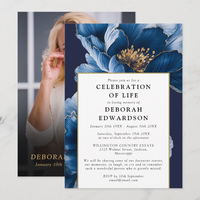 Modern Navy Blue Floral Celebration Of Life Photo Invitation (Front/Back)