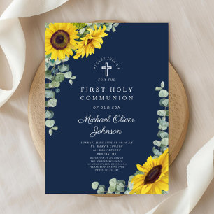 Modern Navy Blue Floral First Holy Communion Invitation