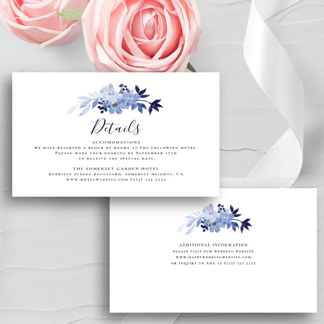 Modern Navy Blue Floral Foliage Wedding Details Enclosure Card (Creator Uploaded)