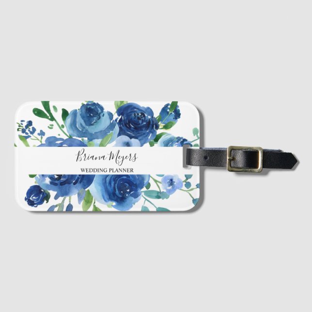 Modern Navy Blue Floral Script Luggage Tag (Front Horizontal)