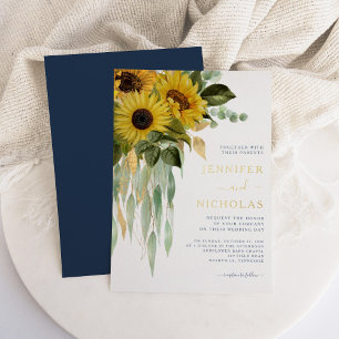 Modern Navy Blue Floral Sunflower Wedding Gold Foi
