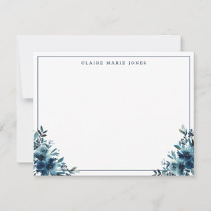 Modern Navy Blue Floral Watercolor Thin Border Card