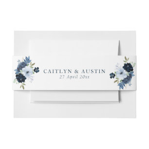 Modern navy blue floral wedding belly band invitation belly band