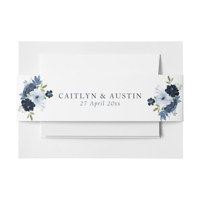 Modern navy blue floral wedding belly band invitation belly band (Front Example)