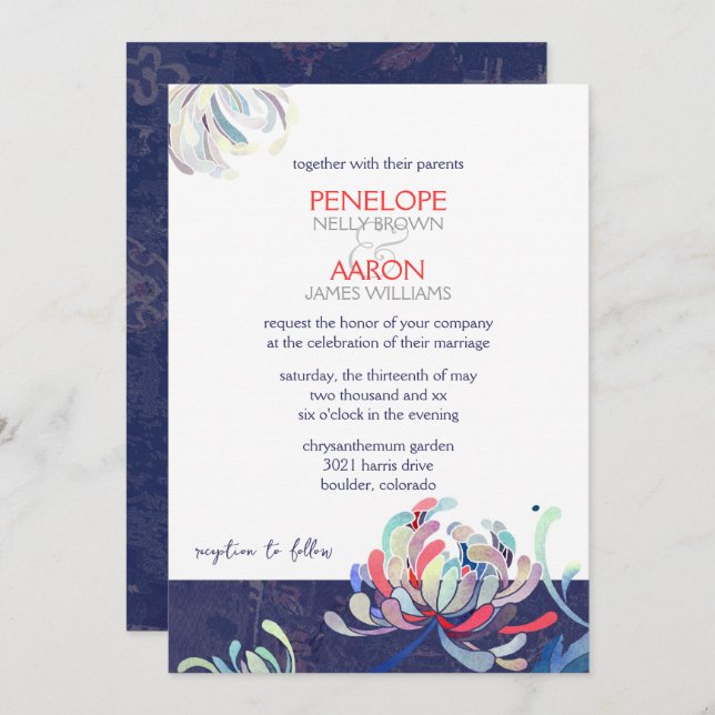 Modern Navy Blue Floral Wedding Invitation (Front/Back)