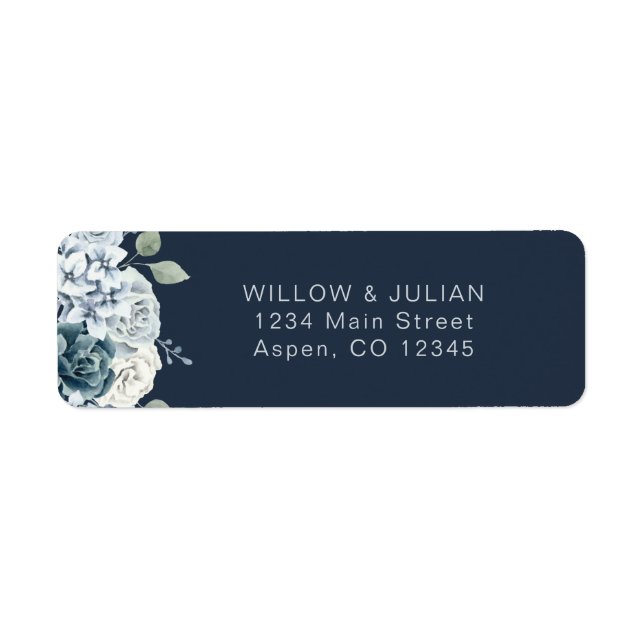 Modern Navy Blue Floral Wedding Return Address (Front)
