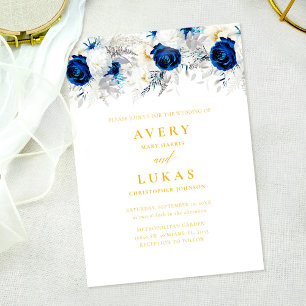 Modern Navy Blue Floral & Yellow Wedding Invitation