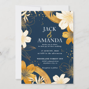Modern Navy Blue Flower Chic Wedding Invitation