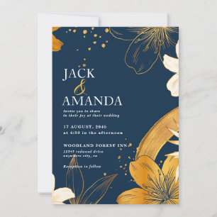 Modern Navy Blue Flower Chic Wedding Invitation