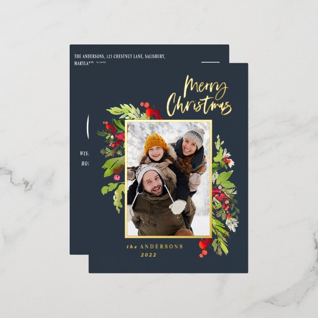 Modern navy blue foliage elegant photo Christmas Foil Holiday Postcard (Front/Back)
