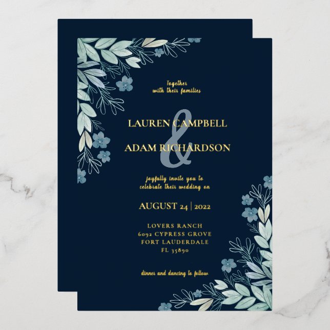 Modern Navy Blue Foliage Gold Calligraphy (Front/Back)