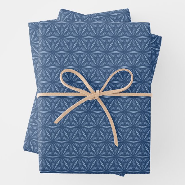 Modern Navy Blue Geometric Flower Pattern Wrapping Paper Sheet (In situ)
