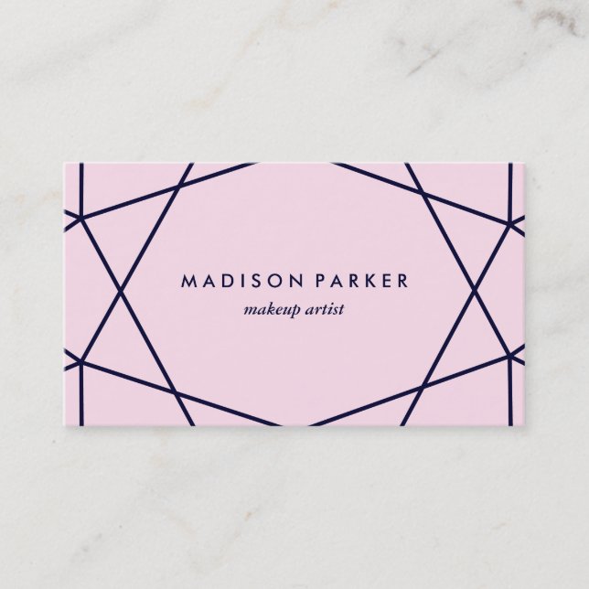 Modern Navy Blue Geometric on Blush Pink Business Card (Front)