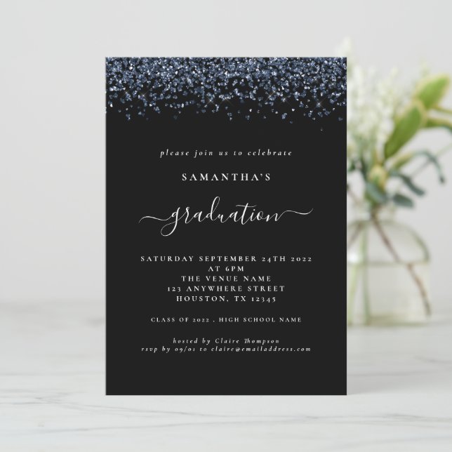 Modern Navy Blue Glitter 2024 Graduation Black Invitation (Standing Front)