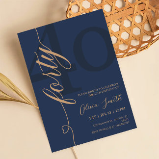 Modern Navy Blue & Gold 40th Birthday Party Invitation