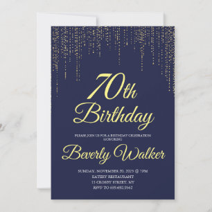 Modern Navy Blue Gold 70th Birthday Party Invitation