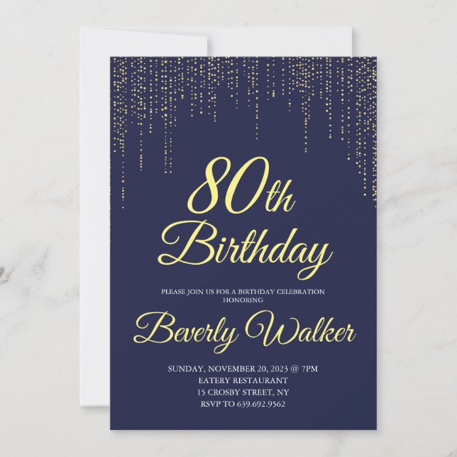 Modern Navy Blue Gold 80th Birthday Party Invitation (Front)