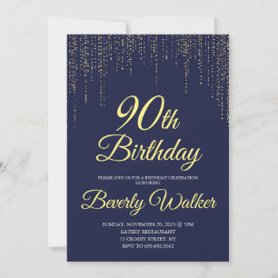 Modern Navy Blue Gold 90th Birthday Party Invitation