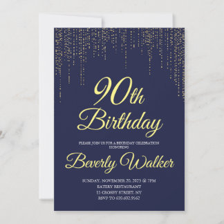Modern Navy Blue Gold 90th Birthday Party Invitation