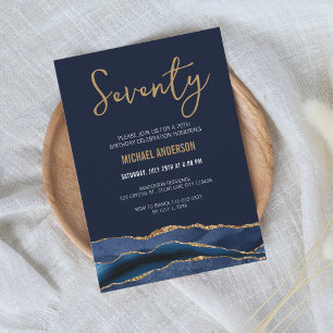 Modern Navy Blue Gold Agate 70th Birthday Party Invitation