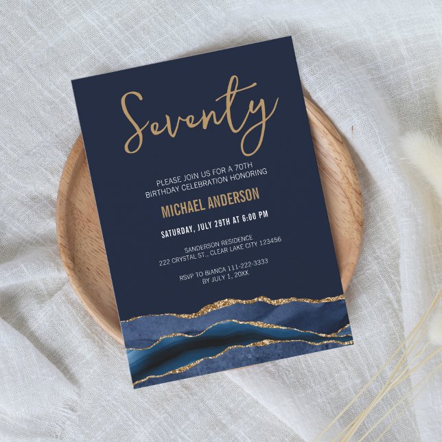 Modern Navy Blue Gold Agate 70th Birthday Party  Invitation (Creator Uploaded)