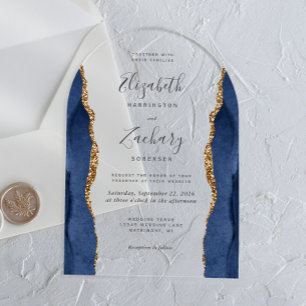 Modern Navy Blue Gold Agate Arch Wedding Acrylic Invitations