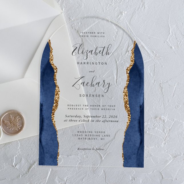 Modern Navy Blue Gold Agate Arch Wedding Acrylic Invitations (Creator Uploaded)