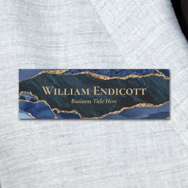 Modern Navy Blue Gold Agate Business Name Tag (Creator Uploaded)