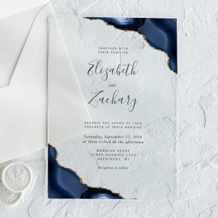 Modern Navy Blue Gold Agate Corners Wedding Acrylic Invitations
