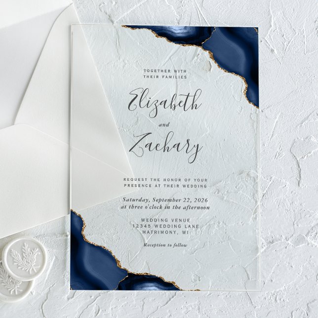 Modern Navy Blue Gold Agate Corners Wedding Acrylic Invitations (Creator Uploaded)