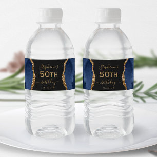 Modern Navy Blue Gold Agate Dark 50th Birthday Water Bottle Label