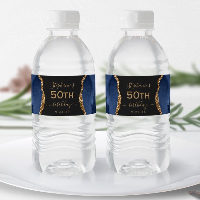 Modern Navy Blue Gold Agate Dark 50th Birthday Water Bottle Label (Creator Uploaded)