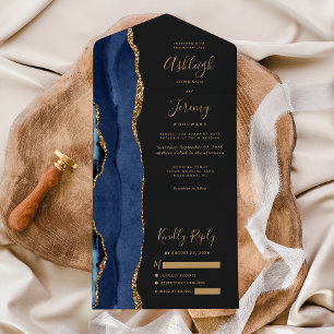 Modern Navy Blue Gold Agate Dark Wedding All In One Invitation