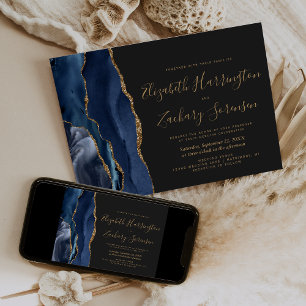 Modern Navy Blue Gold Agate Dark Wedding Invitation