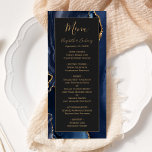 Modern Navy Blue Gold Agate Dark Wedding Menu<br><div class="desc">This elegant,  modern wedding menu features a watercolor navy blue agate background trimmed with gold faux glitter. The text appears in elegant gold coloured handwriting and copperplate fonts on an off-black rectangle. The agate design is repeated on the reverse.</div>
