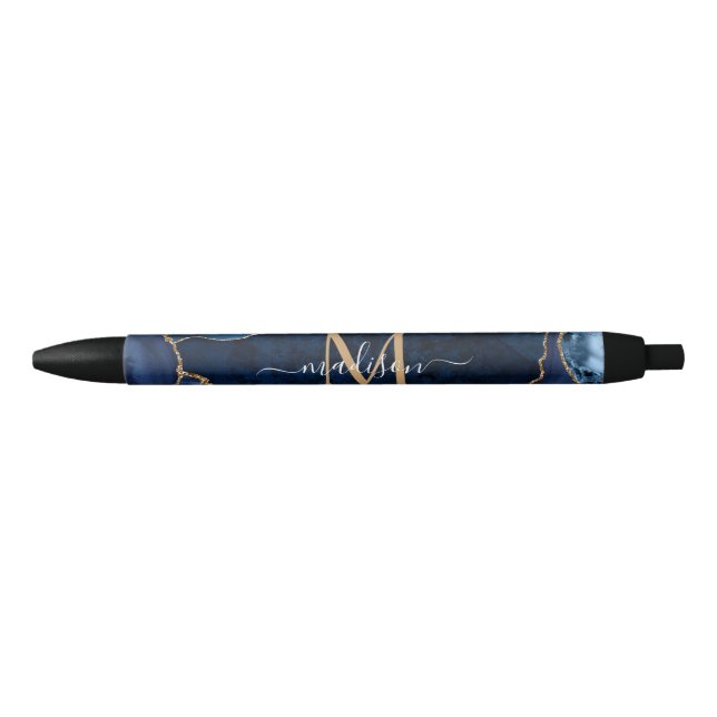 Modern Navy Blue Gold Agate Geode Chic Monogram Black Ink Pen (Front)