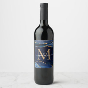 Modern Navy Blue Gold Agate Geode Chic Monogram Wine Label