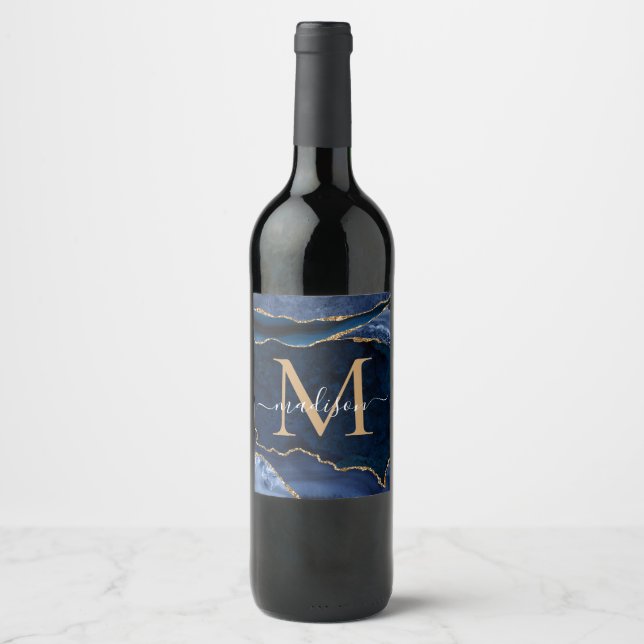 Modern Navy Blue Gold Agate Geode Chic Monogram Wine Label (Front)